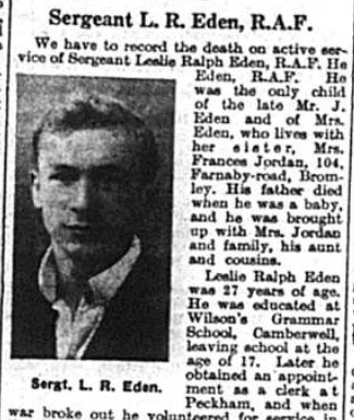 Death of Sergeant Leslie Ralph Eden of Bromley, Kent