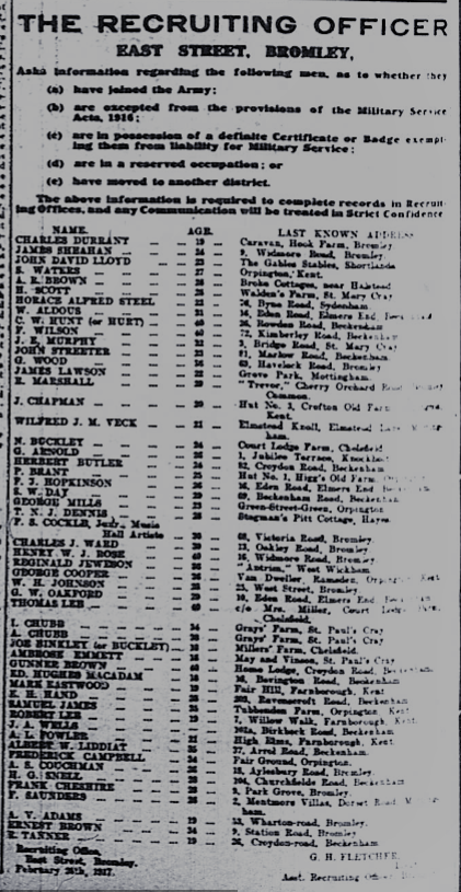 List of names of those who were evading conscription in WW1 published in the Bromley Times
