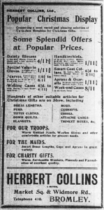 Christmas Advert published in the Bromley & District Times newspaper in 1917
