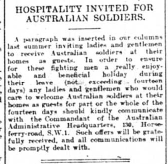 Hospitality invited for Australian soldiers during world war one