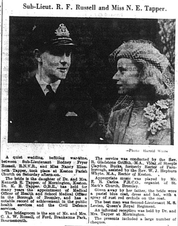 wedding article for Sub-Lieutenant Rodney Fryer Russell and Nancy