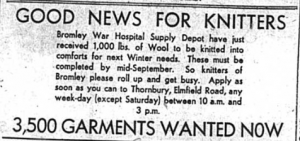 Bromley War Hospital Supply depot receives 1,000lbs off wool for knitters during World War two