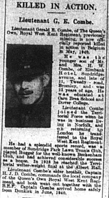 Lieutenant Gerald E. Combe, of The Queen’s Own, Royal West Kent Regiment, missing in action in Belgium