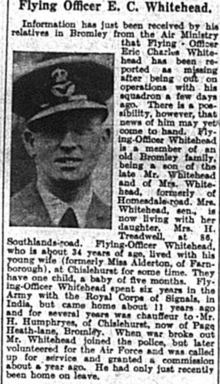 Flying Officer Eric Charles Whitehead, missing in world war two1941