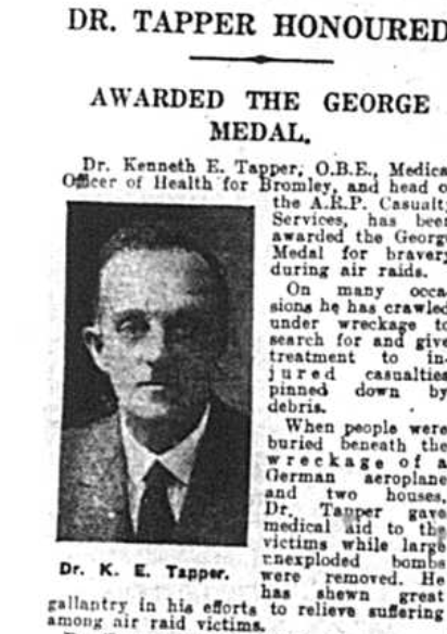 Dr Kenneth Tapper who was honoured with the George Medal in 1941