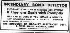 Advert for an incendiary bomb detector fromt eh Bromley Times newspaper in1941