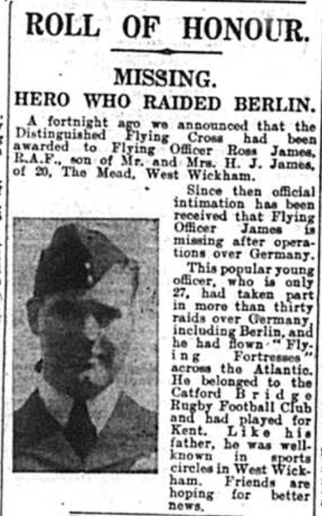 Article extract featuring Missing Flying Officer Ross James as reported in the Bromley Times on 12th September 1941
