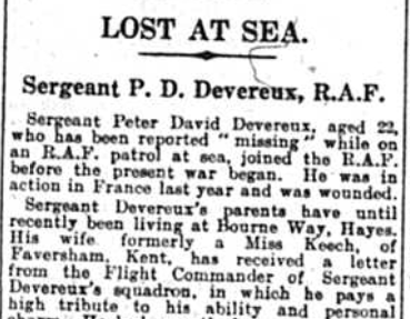 Newspaper extract featuring Sergeant Peter David Devereux who went missing at sea, published in the Bromley Times on 12th September 1941