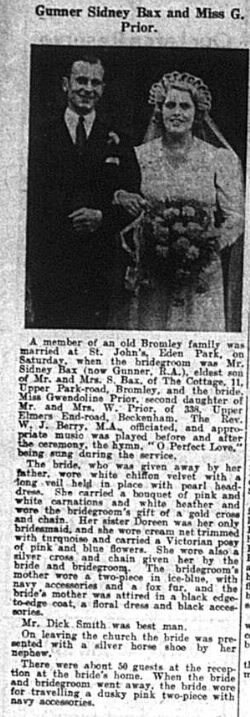 Wedding of Gunner Sydney Bax and Miss Gwendeline Prior (Bromley Times - 12th Sept 1941 - page 6)