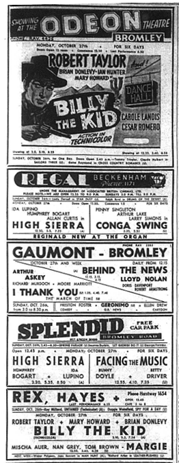 Cinema listing of Billy the Kid film which appeared in Bromley's Odeon in October 1941