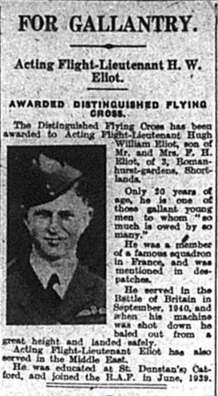Flight Lieutenant Hugh William Eliot as published in the Bromley & District Times on 3rd October 1941
