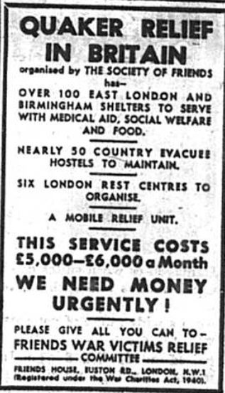 Advert for Quaker Relief in Britain published in the BRomley & District Times in September 1941