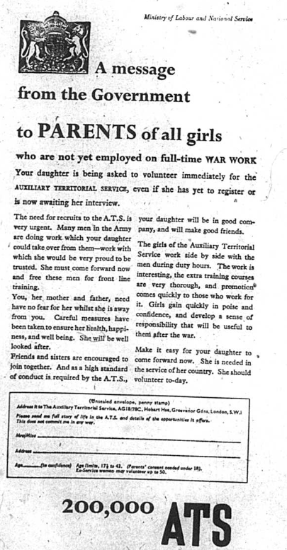 Registration notice published in the Bromley & District Times in October 1941 advertising for girls to join the ATS
