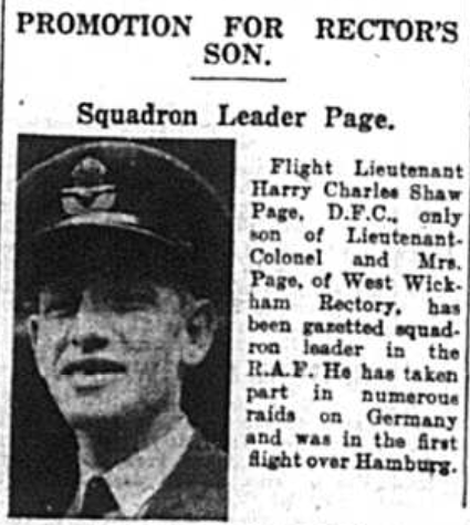 Promotion for rectors son Squadron leader Harry Charles Page of West Wickham as published in the Bromley & District Times newspaper in September 1941