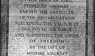 Photo of a stone tablet acknowledging the people of Bromley during World War Two published in the Bromley & District Times newspaper