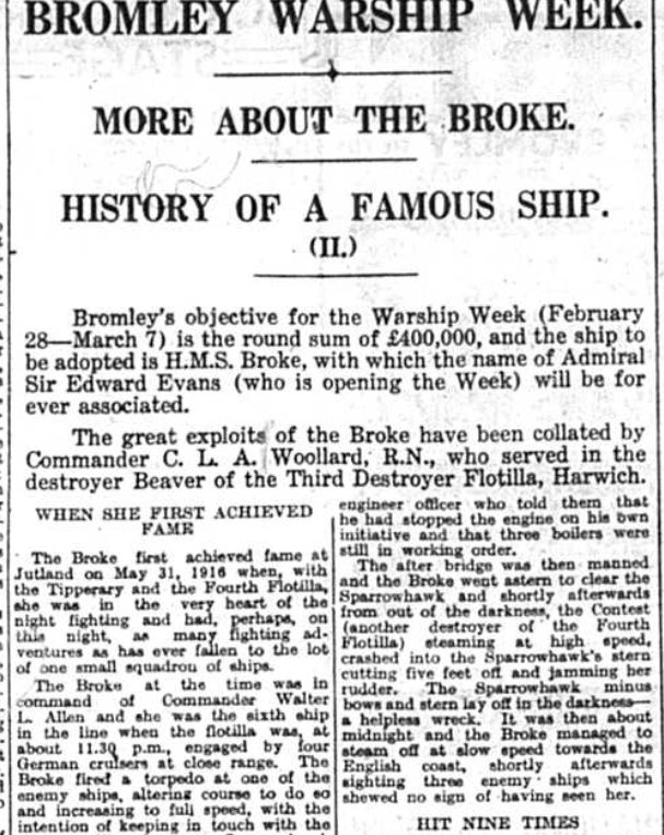 History of a famous war ship, Brooke, published in the Bromley & District Times, January 1942