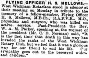 Flying Officer H S Mellows published in the bromley & District newspapers on 28th November 1941