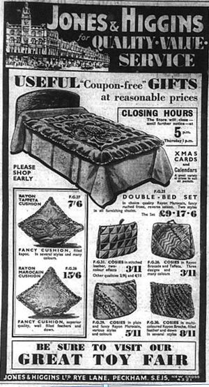 Higgins & Jones advert for beds and useful gifts, published in the Bromley & District