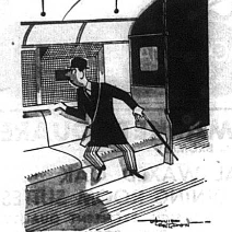 Cartoon of a London commuter sitting on train looking out of the window