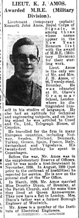 Newspaper Article about Lieutenant Kenneth John Amos who received an MBE in 1942