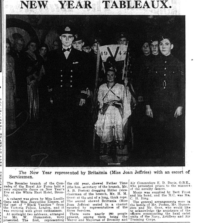 Article about the New Year Tableaux in Bromley with Miss Joan Jeffries dressed at Britannia surrounded by servicemen