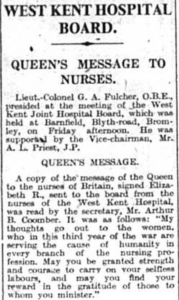 Queen Elizabeth message to nurses during world war two as printed in the Bromley and District Times newspaper in 1942