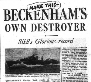 Newspaper article from 1942 featuring a photo fo the HM Destroyers Sikh which was to become Beckenham's own was ship
