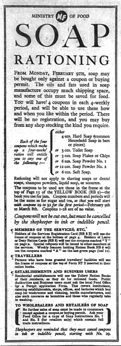 Advert for Soap Rationing in World War two from the Bromley Times in 1942