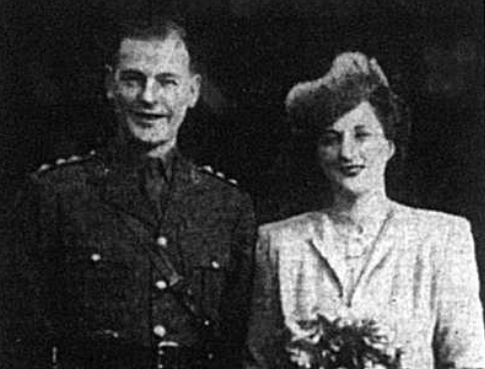 Wedding portrait of David Dobbie and Miss HEM Schooling dated February 1942