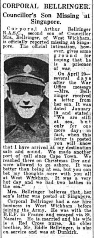 Article - Corporal Arthur Bellringer missing in action during world war two