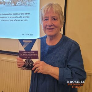 Pam Preedy holding a copy of her new book Living Through The Great War at Home: How the People of Bromley Faced the Challenges of War
