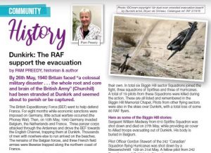 Article from Life In Bromley magazine with text that reads "Dunkirk : The RAF support the evacuation" written by local historian Pam Preedy