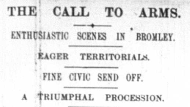 Call to arms article featured in the Bromley times newspaper in 1914