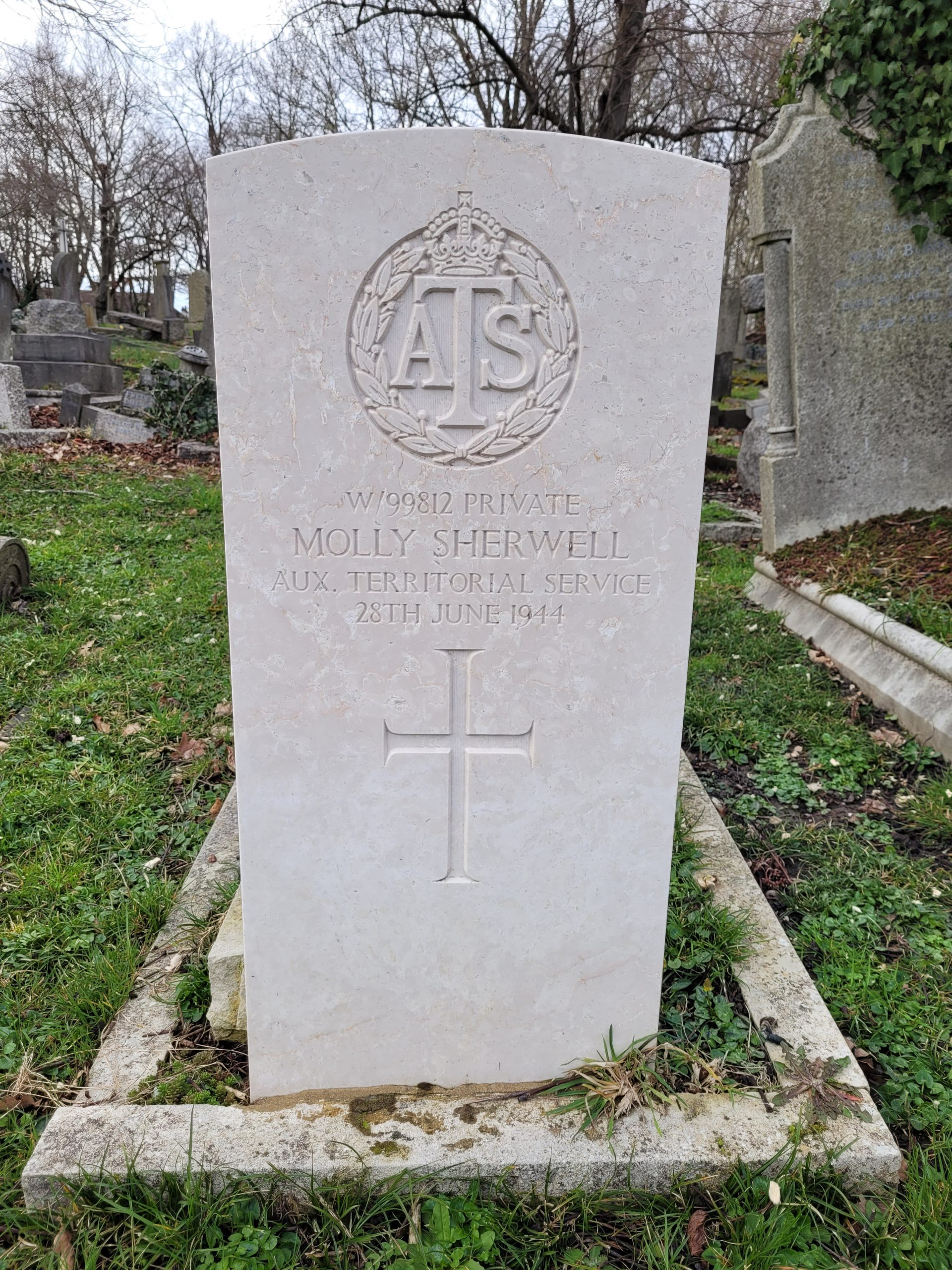 Grave stone of Molly Sherwell at Beckenham Crematorium and cemetery