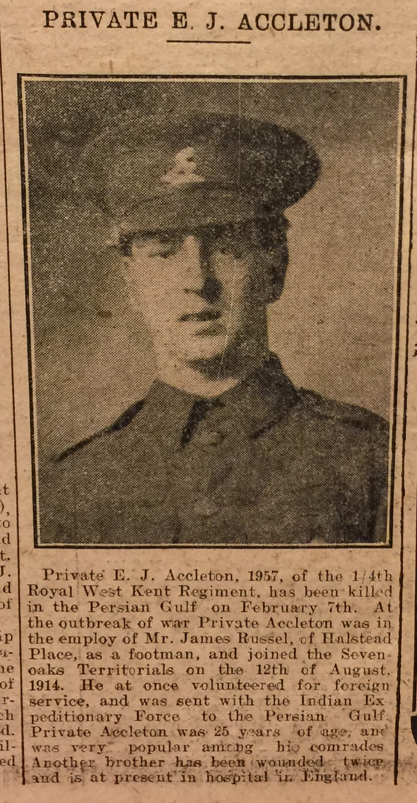 Private Ernest John Accleton full newspaper report